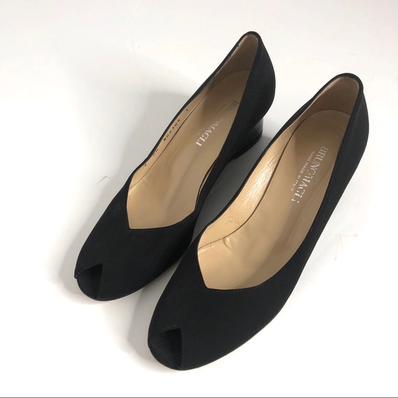 Bruno Magli Black Patent Wedge Peep Toe Shoe 7AA - Picture 1 of 8